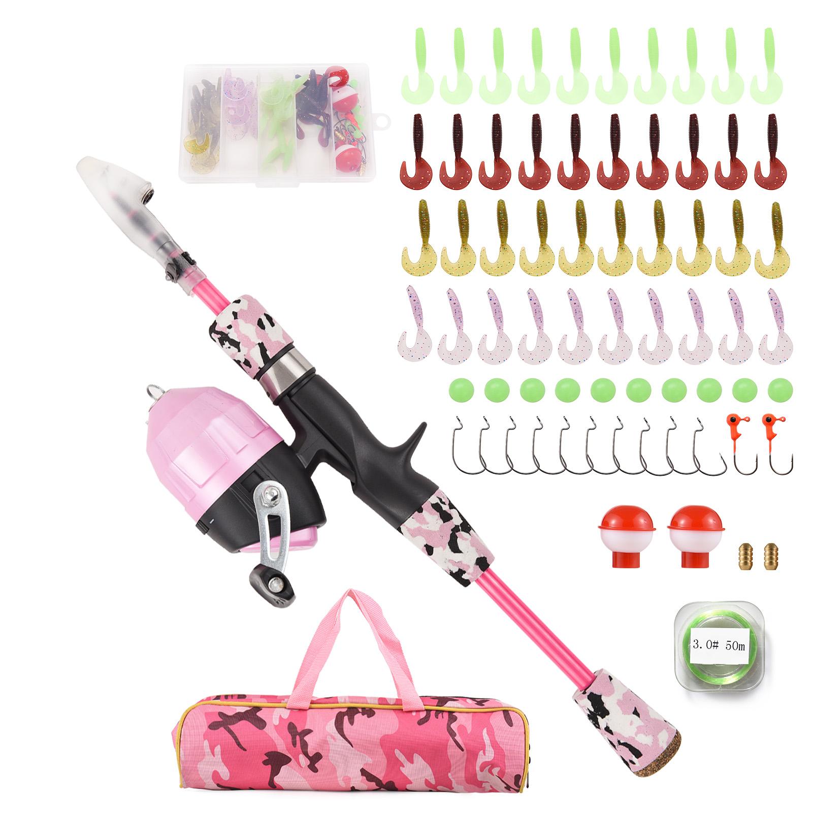 Angelset für Kinder, Teleskop-Angelrute und Angelrolle, Combo-Set mit Angelködern und Angelschnüren 1.5m rosa