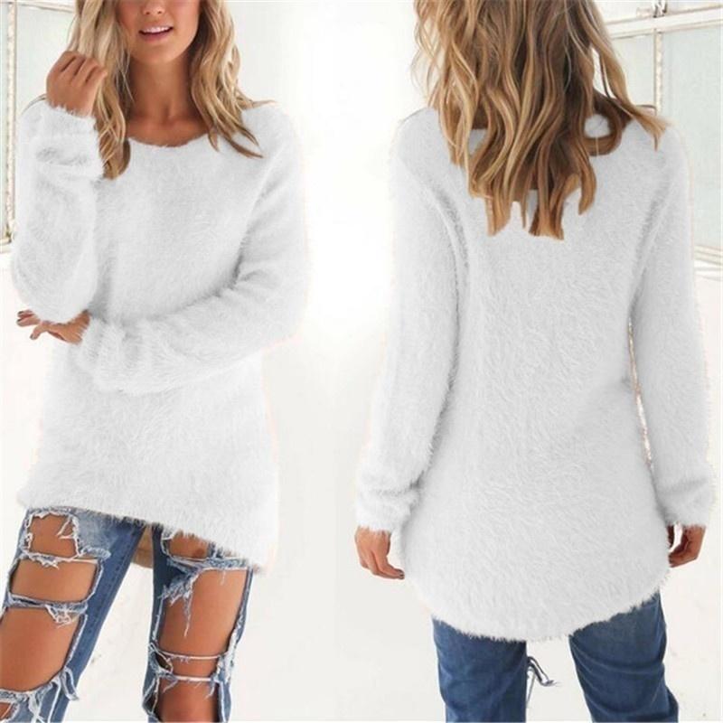 Frauen Kleidung Herbst und Winter Pullover Casual Langarm Pullover Damen Oansatz Shirts Baumwolle Pullover Lose Pullover 4XL weiß
