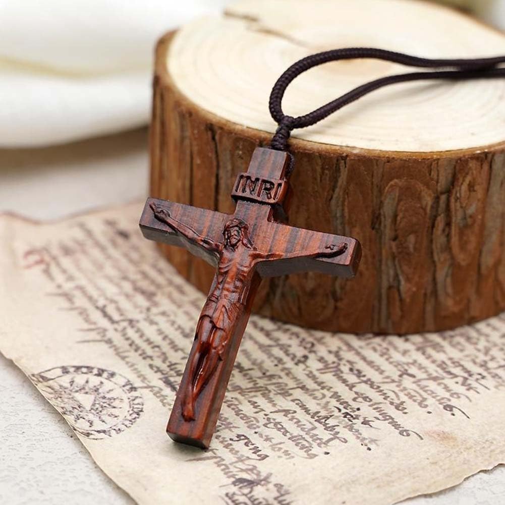 Jesus-Kreuz-Halskette aus Holz, Holzkreuz-Halskette, christlich-katholische Jesus-Kruzifix-Halskette für Männer und Frauen braun