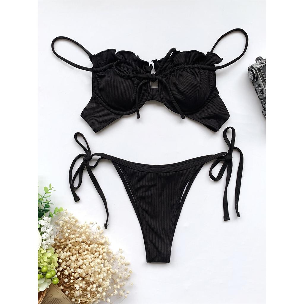 Frauen Bikini Push Up 5 Farben Badeanzug Weibliche Bademode Sexy Bikini Set Rüschen Biquini Micro Bikini Biquini Schwimmen Anzug Badeanzug L schwarz