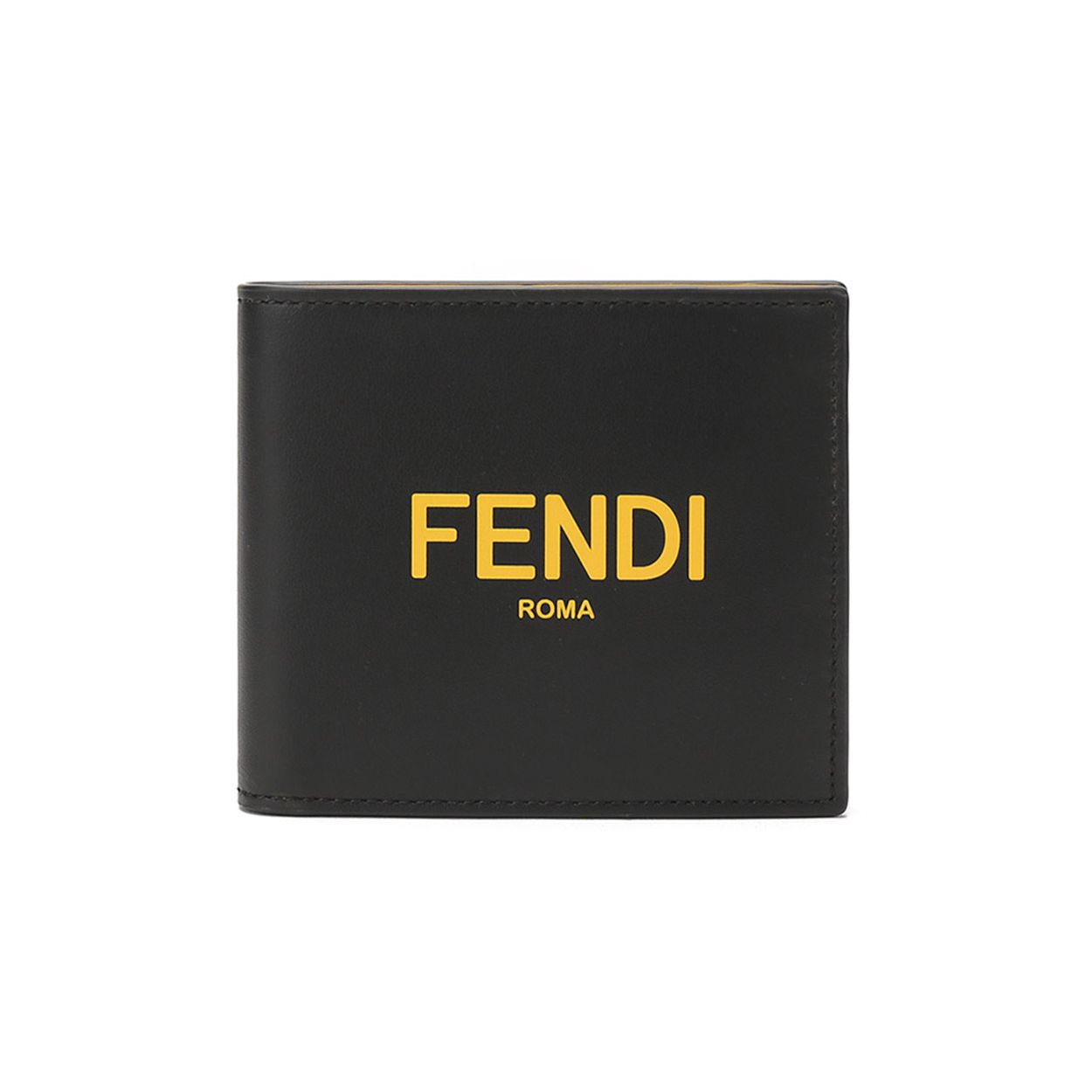 Fendi Logo Print Kurzes Doppel faltbares Kalbsleder Portemonnaie Herren Portemonnaie Schwarz Gelb 7M0169ADM8F0R2A Basic Set (Bag+Dust Bag)