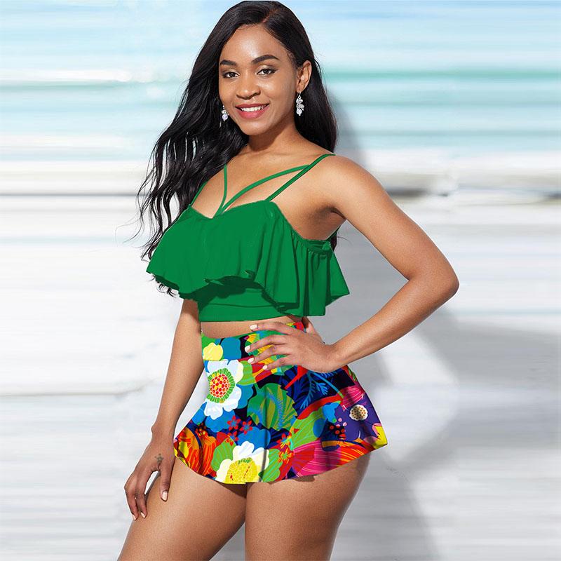 Damen-Badeanzug mit Schultergurten, farbenfroher und schillernder Aufdruck, Bikini-Tankini-Badeanzug 4XL grün