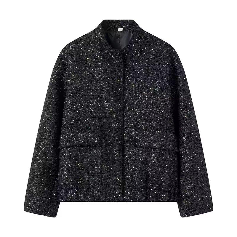 YYFS Damen Mode Freizeit Unifarben Druck Herbst Winter Langarm Stehkragen Jacken & Mäntel L schwarz