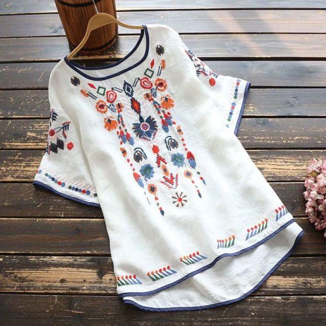 Stickerei Baumwolle Damen Shirt Sommer & Frühling Bluse Tops Kleidung für Damen Kleidung L weiß