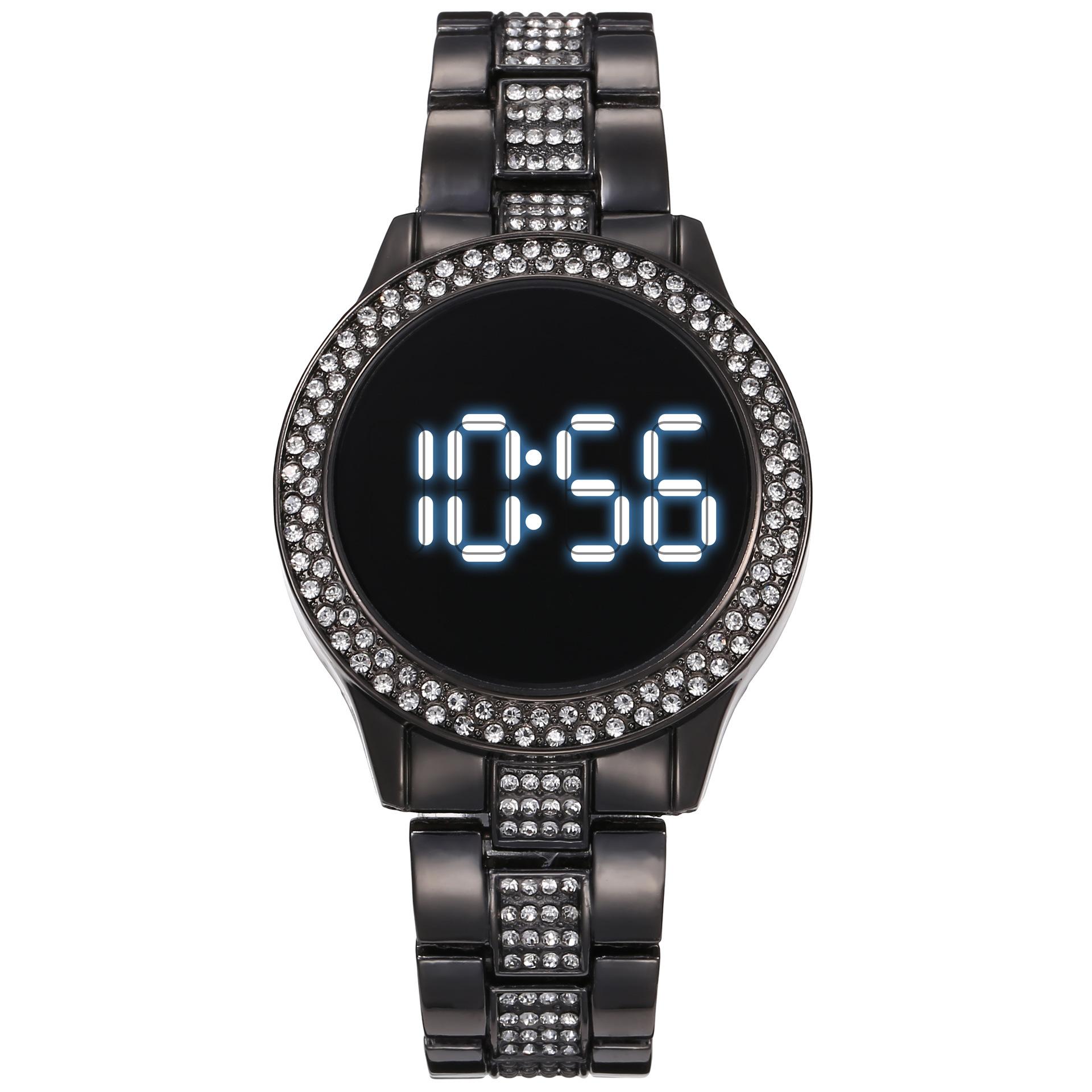 Touchscreen LED Digital Frauen Uhr Strass Damen Edelstahl Armbanduhren Quarz Uhren schwarz