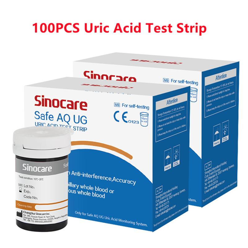 Sinocare 50/100 Stück Harnsäure- und Blutzucker-Teststreifen zur sicheren AQ UG-Überwachung von Diabetes, Gicht, schwangeren Frauen 100 Uric Acid Strips