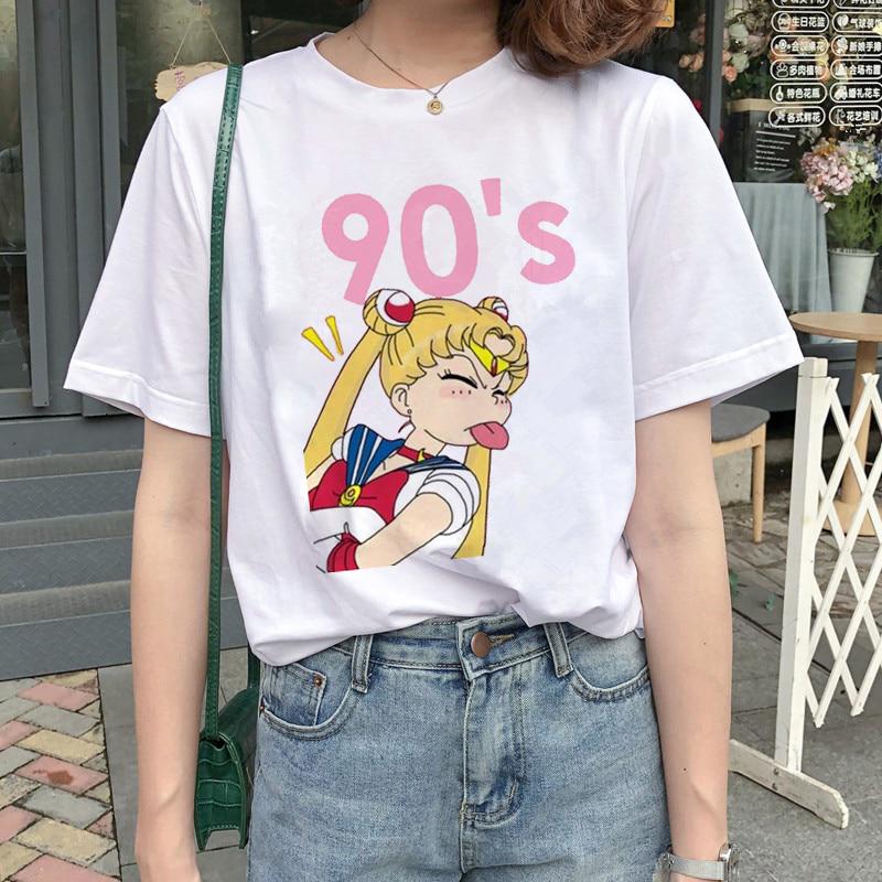 Kawaii Sailor Moon T-Shirt Damen Harajuku Ullzang Cartoon T-Shirt 90er Jahre niedlich bedrucktes T-Shirt Grunge S weiß