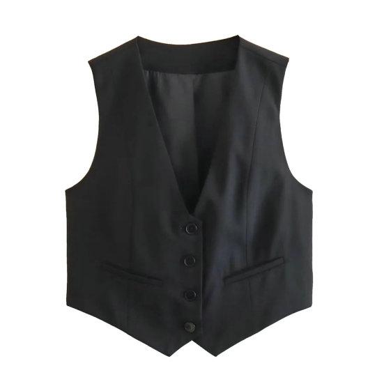 Sommer Frauen V-ausschnitt Ärmellose Weste Einreiher Kleine Taschen Slim Fit Einfarbig Abgeschnitten Weste Mantel Arbeitskleidung L schwarz