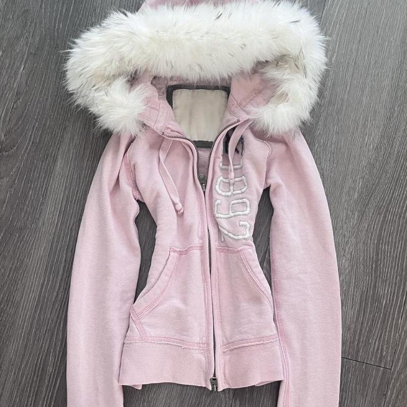 2KWEIRD Damen Vintage Kapuzenpullover mit Buchstabenaufdruck, Taschen, Reißverschluss, pelziges Patchwork, sexy Y2k Ästhetik, Harajuku Mäntel für Damen S rosa