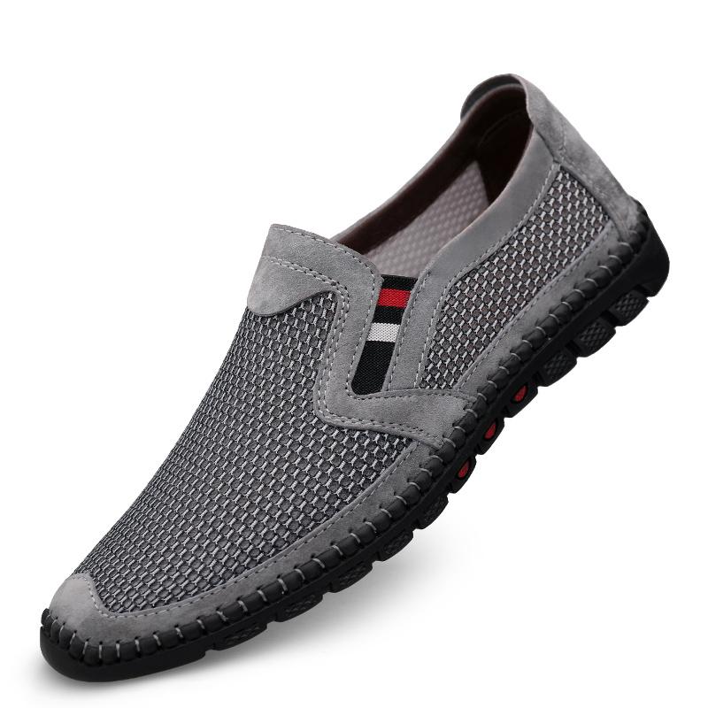Sommerschuhe aus echtem Leder für Herren aus Mesh, atmungsaktiv, weich, für Herren, zum Gehen, lässig, hochwertiges leichtes Netz 45 graue