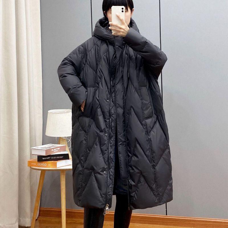 Damen Lockerer Langer Mantel Weiße Entendaunenjacke Damen Winter Damen Übermantel Winter Kapuzen-Pufferfederparkas XL schwarz