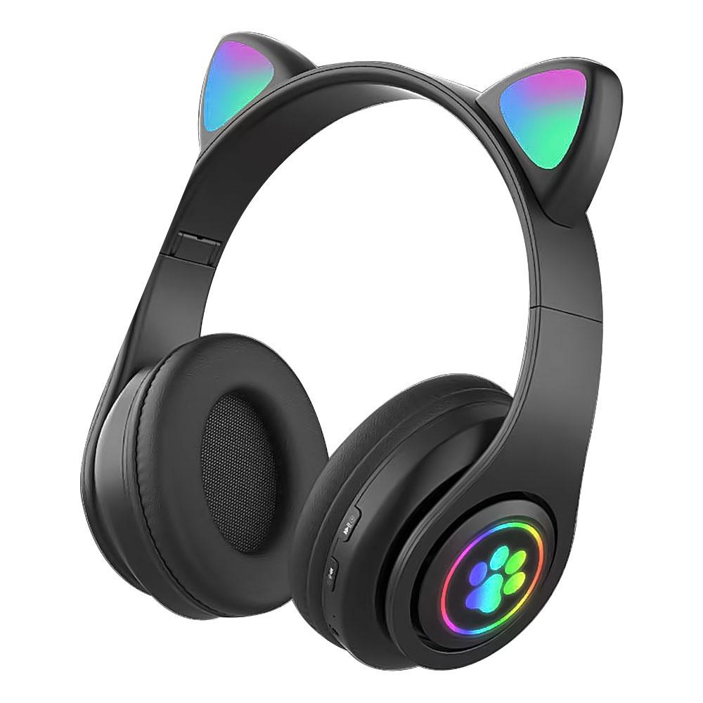 Bluetooth 5.0-Kopfhörer mit Mikrofon, niedliches Katzenohr, kabellos/kabelgebunden, faltbarer Kopfhörer, Bass, RGB-Atmungslicht für Jungen/Mädchen schwarz