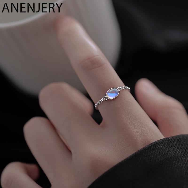 ANENJERY Ring aus natürlichem Mondstein, verstellbare Kette, feiner Schmuck, Verlobungsringe für Frauen, Hochzeitsgeschenk