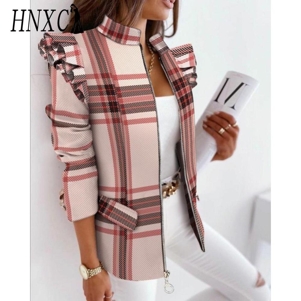 HNXC Damen Vintage Casual Gitterdruck Herbst Winter Langarm Jacken & Mäntel S