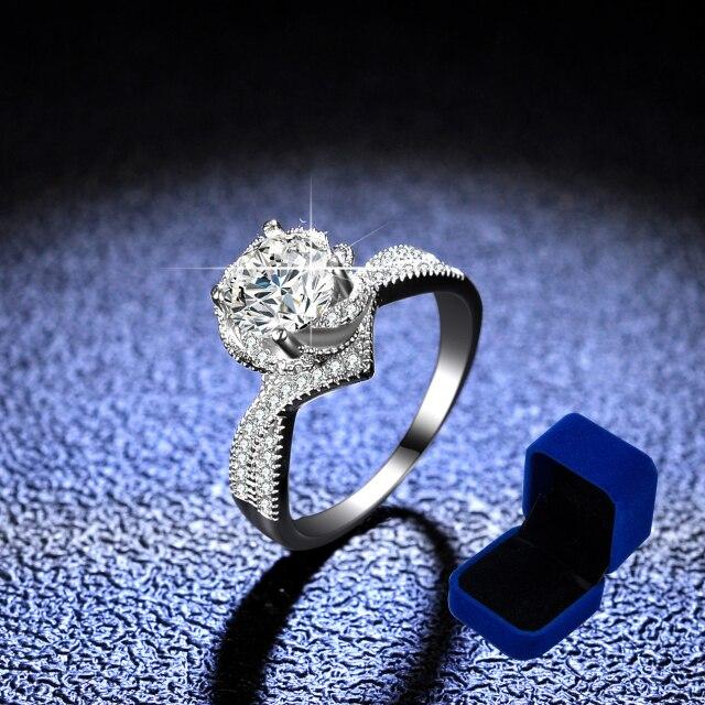 Damen Diamant Verlobungsringe 14k Weißgoldplattiertes Sterlingsilber Moissanit Ring Twist Blume Ehering Diamantschmuck 16 blue
