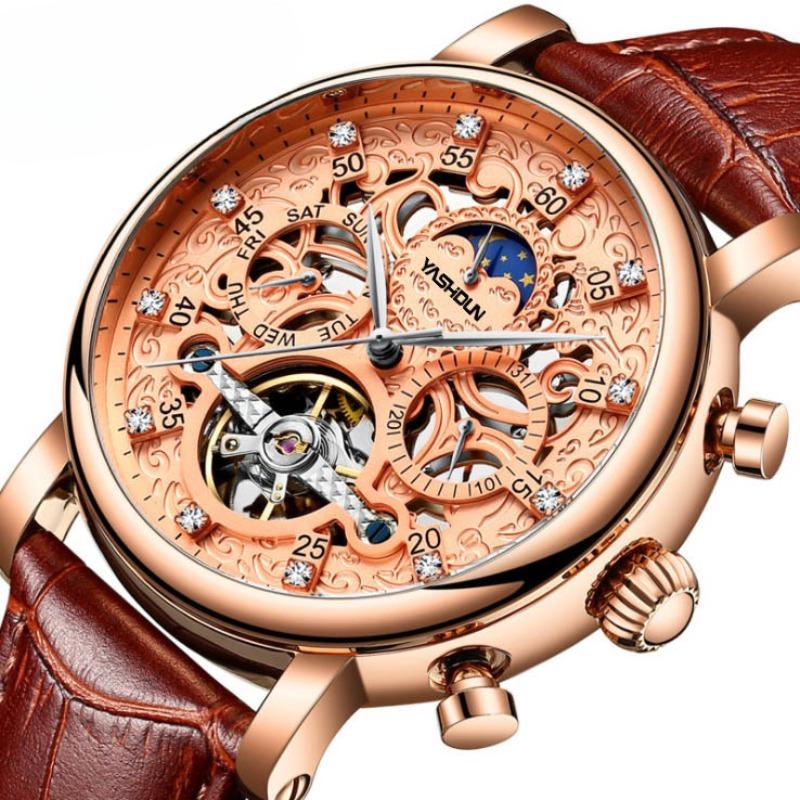 Mechanische Uhr für Herren Vollständig skelettierte mechanische Uhr für Vollautomatik Wasserdicht und leuchtend Atmosphärische Mode für Herren beige