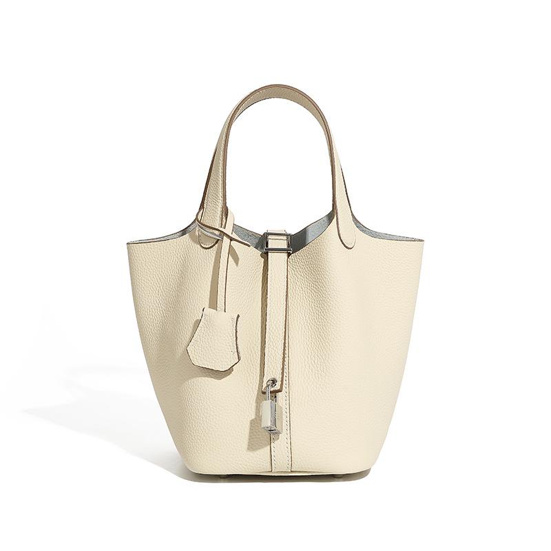 Damentasche aus echtem Leder, Gemüsekorb-Tasche, Modische Handtasche, Eimer-Tasche mit Litschi-Muster, Damen-Tasche One Size