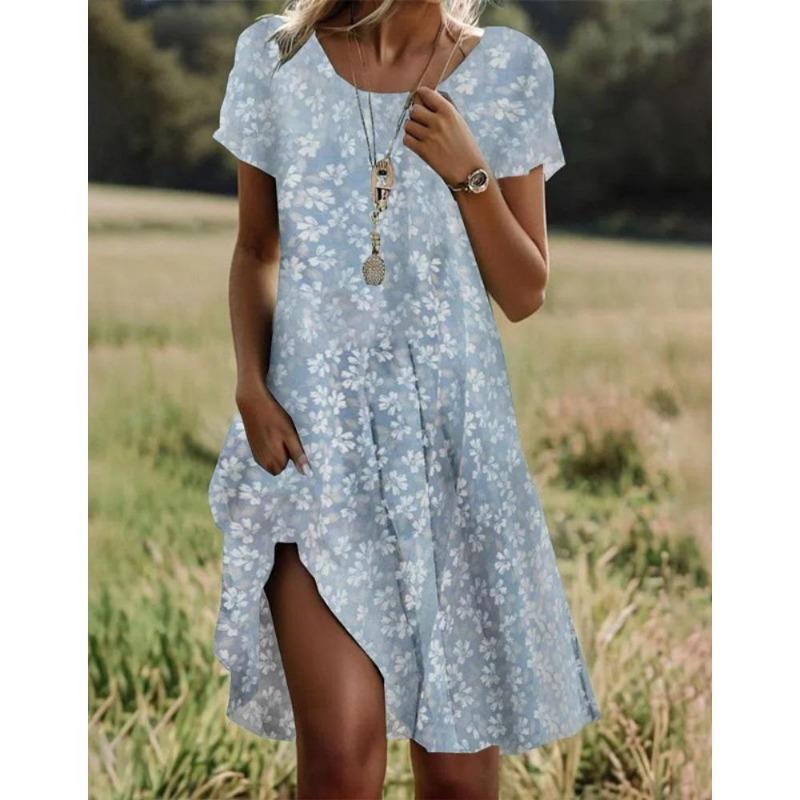 Sommer Bohemian Kleider Für Frauen V-ausschnitt Kurzarm Blume Gedruckt Strand Urlaub Kleid Frauen Maxi Kleider Boho 5XL hellblaue