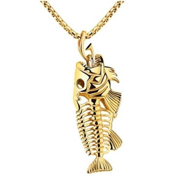 Fischgräte Fischskelett Anhänger Surferkette Halskette Gold Schwarz Unisex Schmuck gold