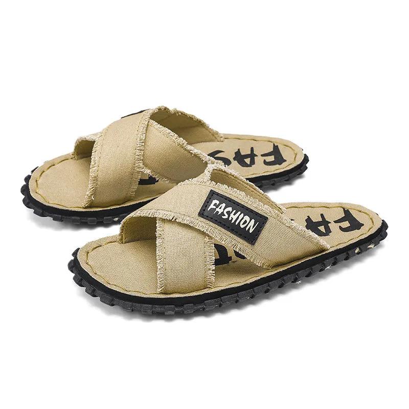 Sommer Herren Canvas Hausschuhe Stoff Zuhause Herren Hausschuhe Outdoor Gummi Flach Herren Sandalen Lässige Pantoletten Hausboden Hausschuhe 42 khaki