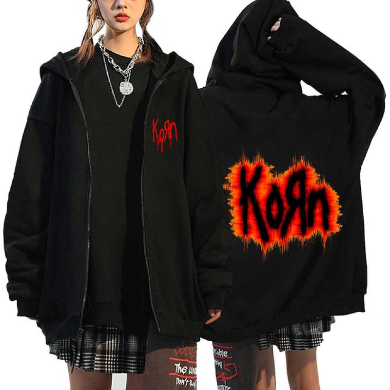 Korn Rock Band Print Zipper Hoodies Metal Musik Herren Zip Up Jacken Hip Hop Streetwear Sweatshirts Unisex Y2K Cardigan Mäntel 3XL