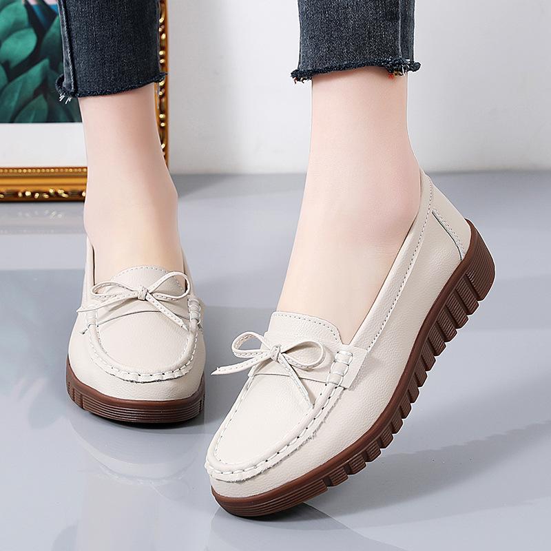 Herbst Frühling Leder Peas Schuhe Weibliche Mutter Schuhe Frauen Wohnungen Hang Schuhe Casual Non-slip Weiß Krankenschwester Loafers Schuhe Große siz 35 white