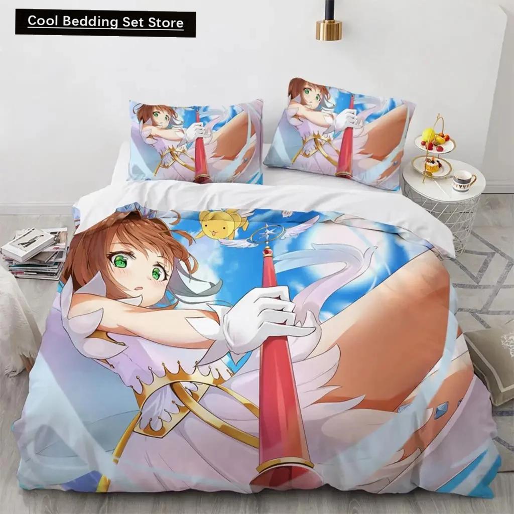 Anime Card Captor Sakura Bettwäsche-Set, Bettbezug, Bettbezug, Kissenbezug, King-Size-Bett, Queen-Size-Bett, Twin-Size-Bett, Jungen, Mädchen, Erwachsene EU single(135x200cm)