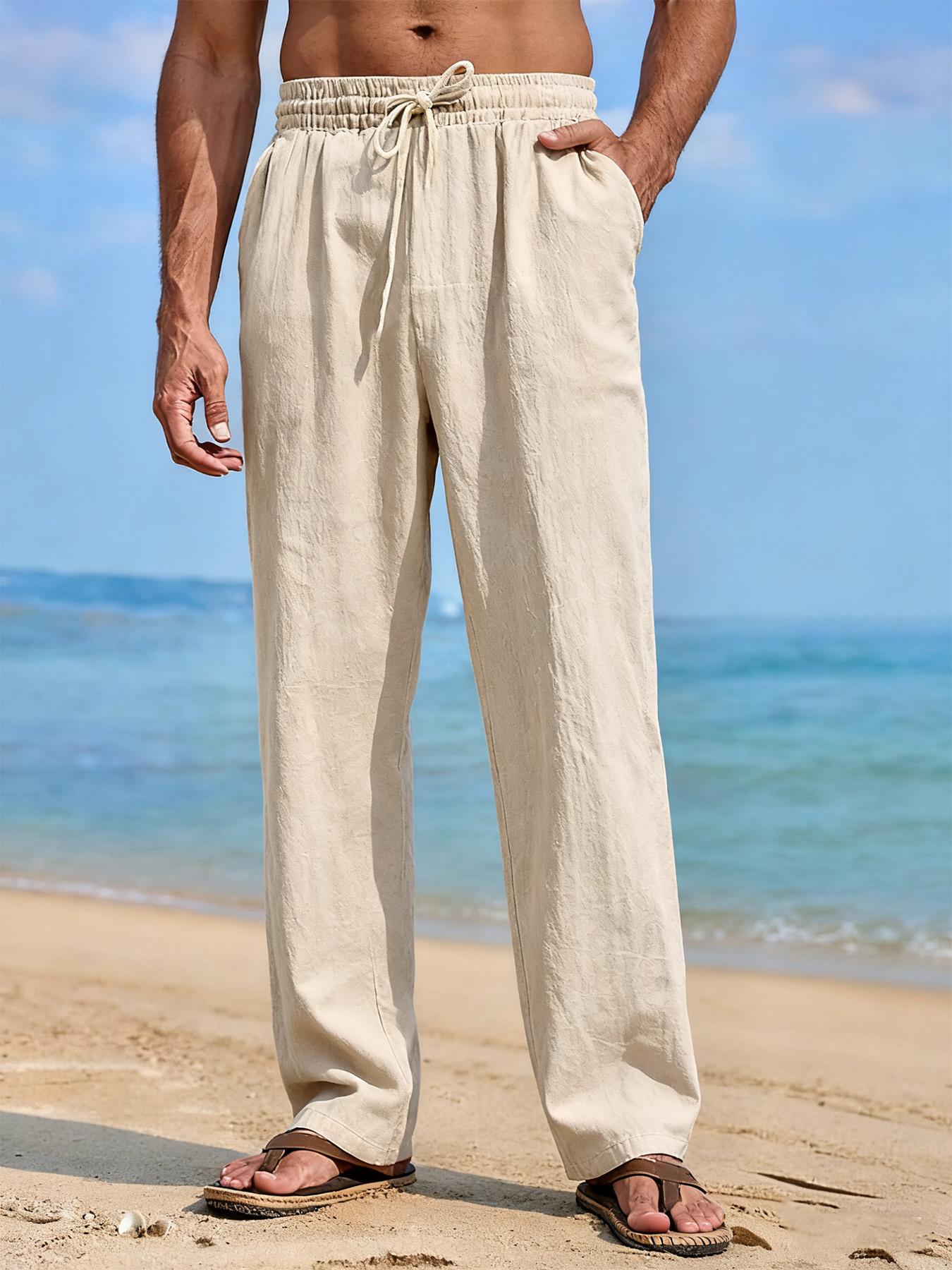 Sommer Herren Leinenmischung Gerade geschnittene Hose Strand Leicht Atmungsaktiv Lässige Hose mit Elastischem Bund Kordelzug für Ganztägigen Komfort XXXL beige
