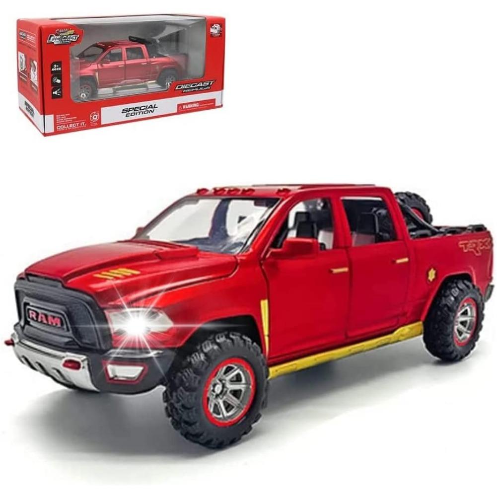1/32 Automodell aus Legierung, Dodge RAM TRX 1500, Pickup-Truck-Spielzeug aus Metalldruckguss, Modellautos mit Rückziehfunktion, mit Licht und Sound für Kinder, Geburtstagsgeschenke etc. 1/32-Size:17.5*7*5.7cm rot