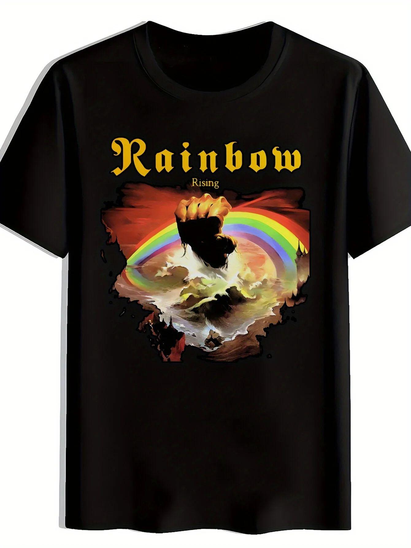 Rainbow Rising Design mit Faust Rainbow Schwarz Rundhals Kurzarm Retro Rockband Grafik T-Shirt Lässiges Lockeres T-Shirt Unisex L