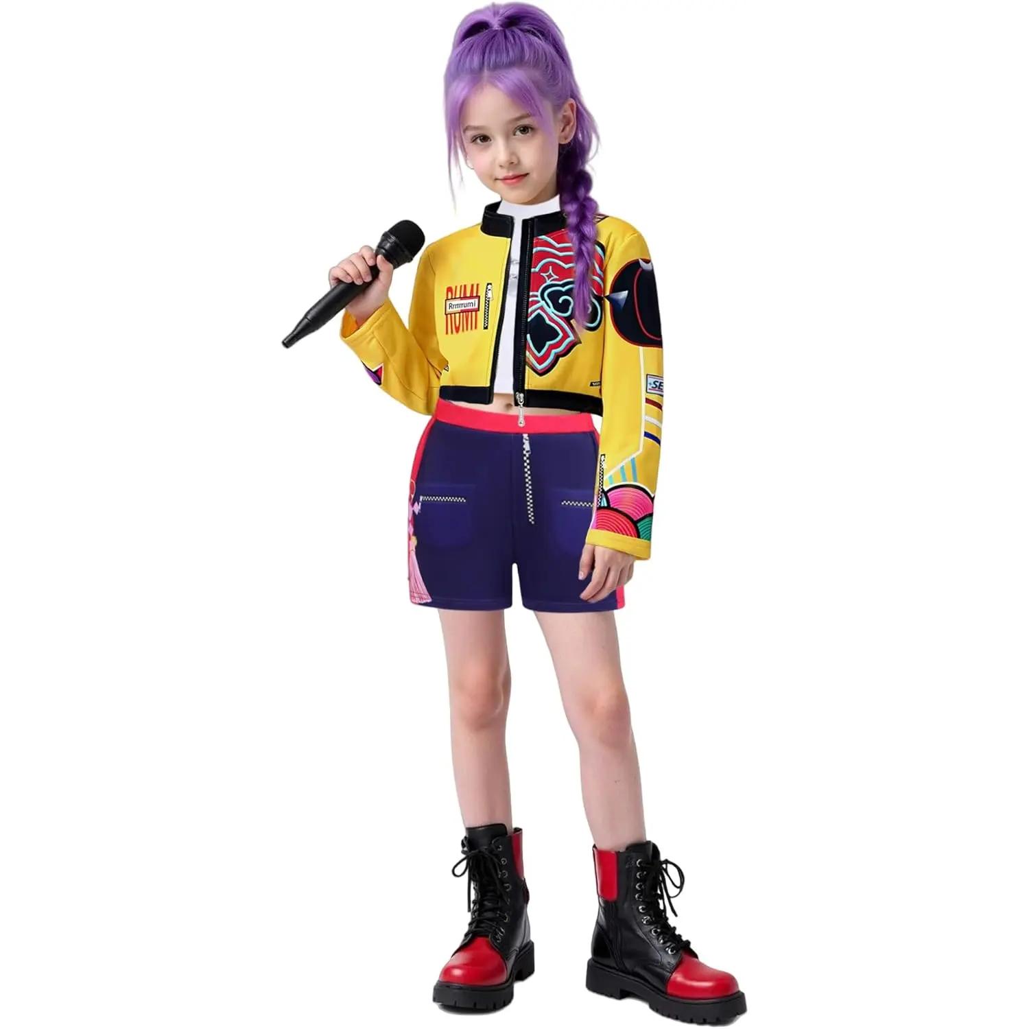 Kpop Rumi Zoey Mira Party Girls Dämonen Kostüm Jäger Cosplay Outfit Jacke Oberteil Shorts Kinder Halloween Kostüme Sänger Cosplay 160 gelb