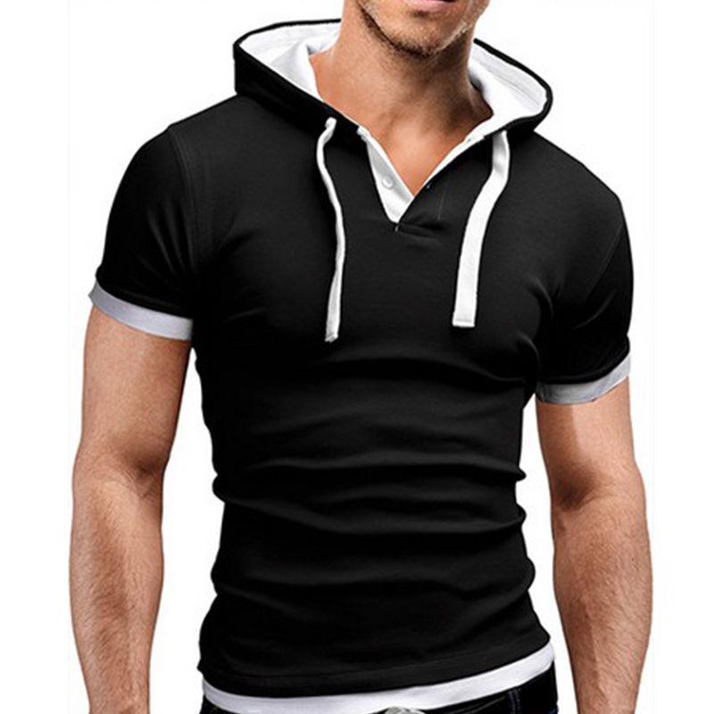 Sommer Herrenmode Slim Fit Kurzarm Tops Einfarbig Kapuze Muscle Casual Basic T-Shirt 3XL schwarz
