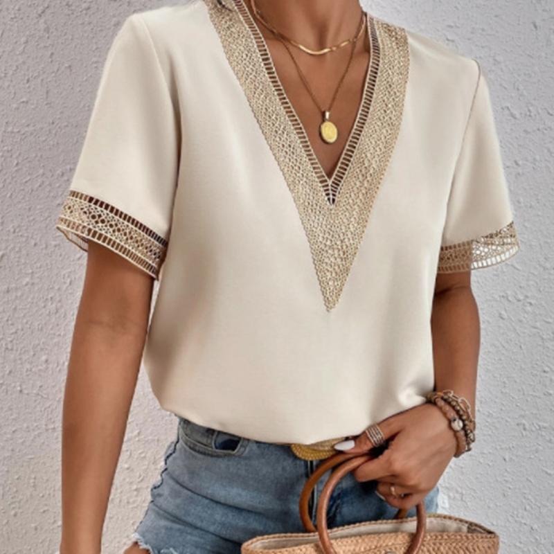 VEZFAA Damenmode Casual Sommer Frühling Einfarbig Druck Spitze Kurzarm V-Ausschnitt Blusen & Hemden XXXXL apricot