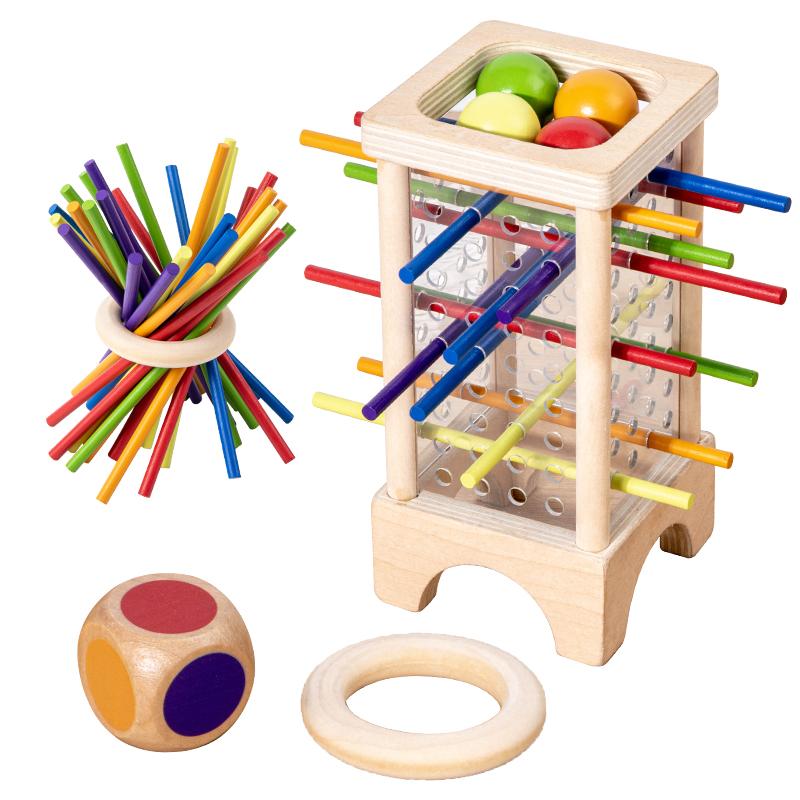 Holzstäbchen Brettspiel Eltern-Kind-Interaktion Montessori Holzspielzeug, 4-seitiges Acrylzylinder-Spiel, Stäbchen-Aufhebe-Spiel beige