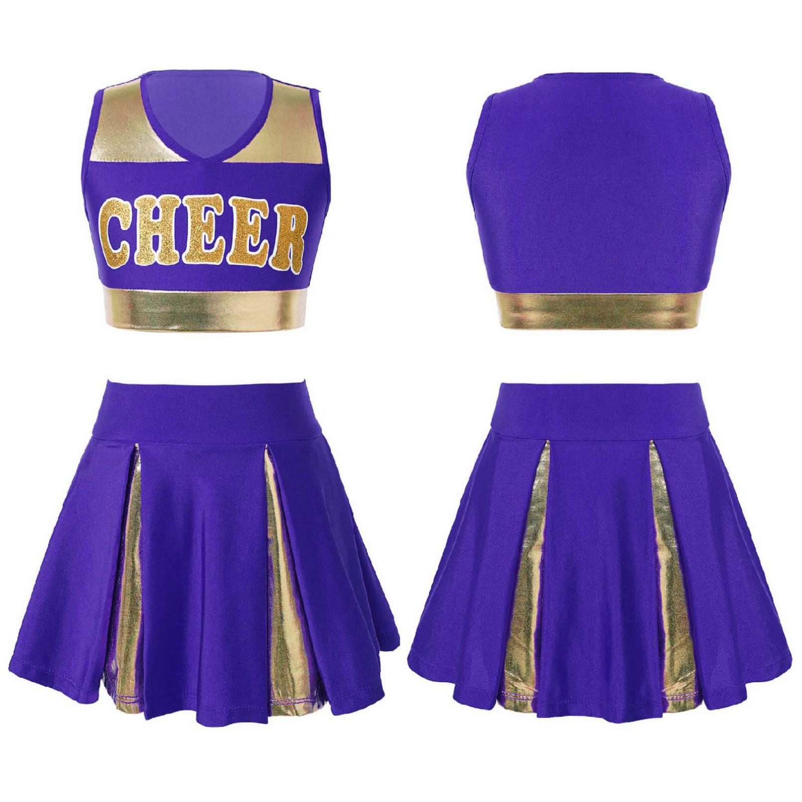 Kinder Mädchen Cheerleading Tanzkleidung Set Ärmelloses Crop Top mit Buchstabenaufdruck und Rock Cheer Uniform 9-10 Years violett
