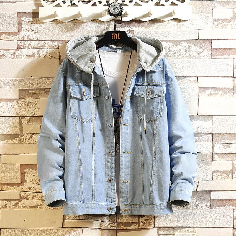 Blaue Jeansjacke für Herren mit Kapuze, lässige Jeansjacke für Herren, Streetwear, einfarbig, Umlegekragen, Jeansmäntel für Herren, Jacken mit abnehmbarem Hut XXXL