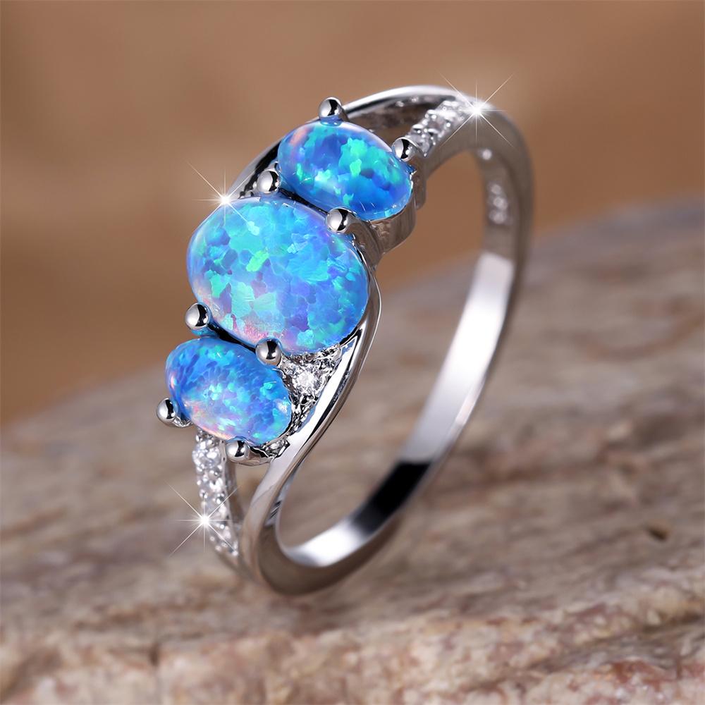 Blauer Feueropal Drei-Stein-Ring Süße Ovale Geburtsstein Verlobungsringe Für Frauen Vintage Charme Farbe Eheringe Schmuck 7 blue