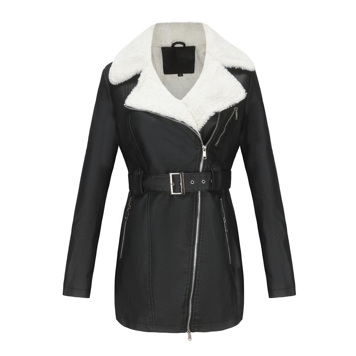 Damen-Plüschjacken, Kunstleder, PU, Revers, Reißverschluss, mittellang, warmer Mantel mit Gürtel, lange Ärmel, Herbst-Winter-Oberbekleidung, Bomber-Moto-Biker-Outfits XL schwarz