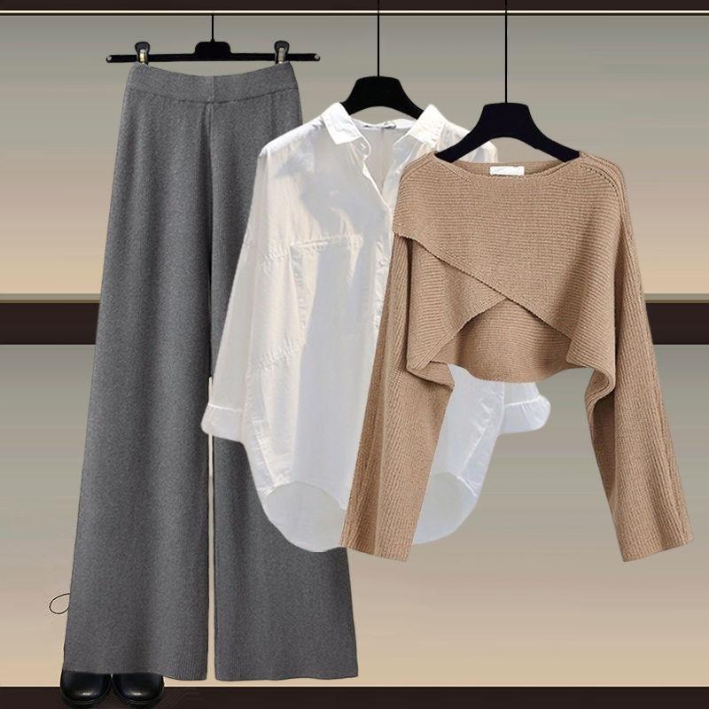 Herbst und Winter Damen Strickpullover Dreiteilige Hose Lockere Bluse Hemd Pullover und Hose mit weitem Bein und hoher Taille Vintage Lässiges dreiteiliges Set XXXL kaffeebraun/grau