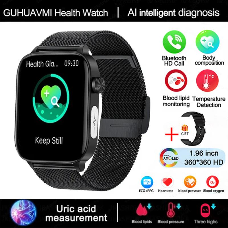 2025 Neue EKG+PPG Blutfett Harnsäure Gesundheits-Smartwatch Herren Herzfrequenz Blutdruck Bluetooth Anruf Smartwatch Damen Black-Mesh-Belt