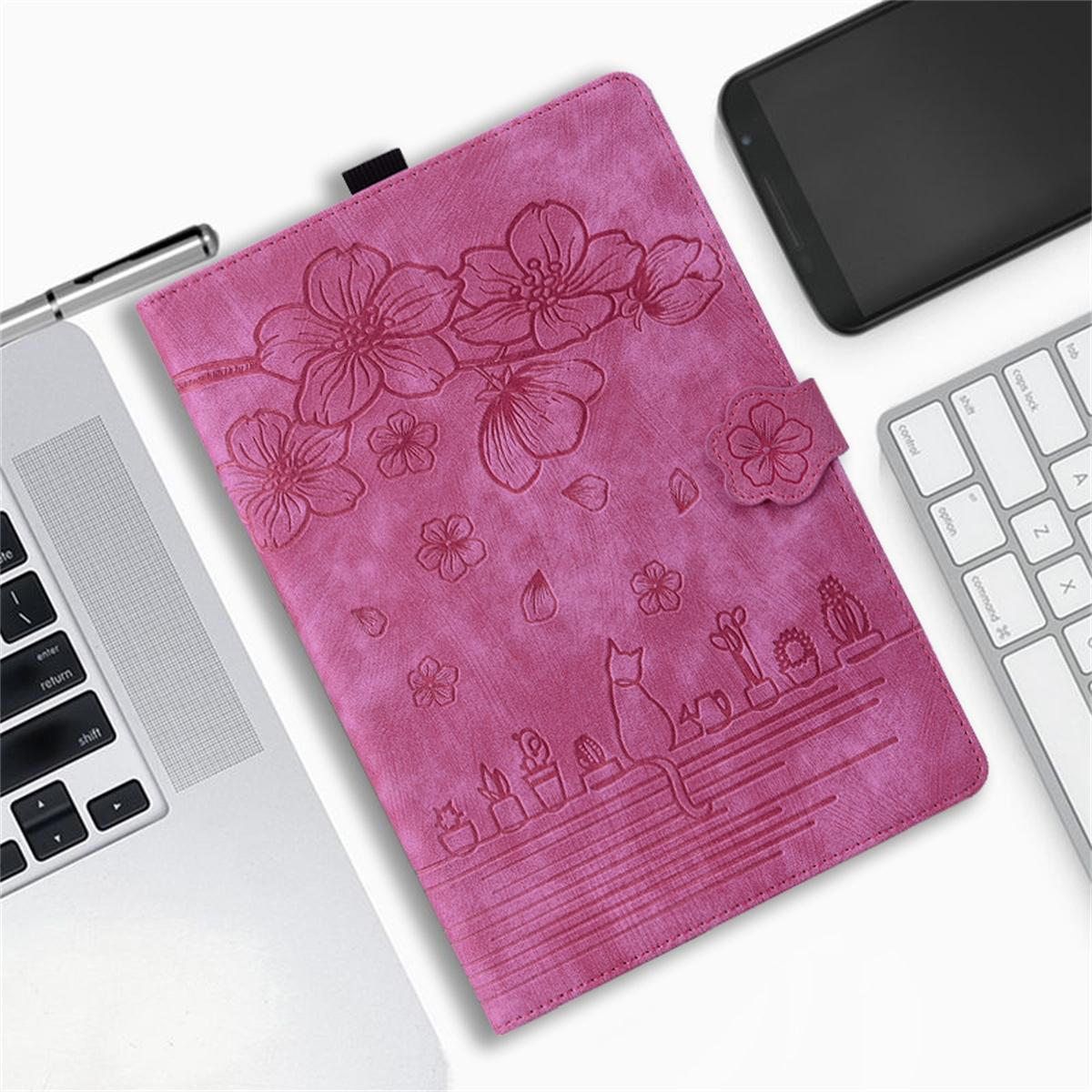 Fensterbank-Katzen- und Kirschblütenmuster, Prägeprozess-Design, Leder-Tablet-Hülle für iPad/Samsung Tab/Amazon/Lenovo/Xiaomi Samsung Galaxy Tab A9+ rose rot