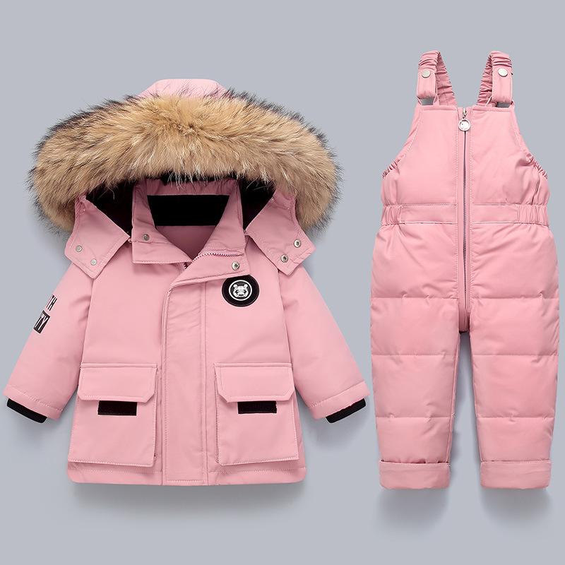 Kinder Kleidung Set 2 stücke Baby Winter Warme Daunen Jacken Jungen Verdicken Overall Infant Overalls Baby Mädchen Kleidung Kinder Schneeanzug 110(4T) rosa
