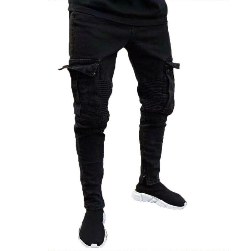 Herren Stretch Skinny Jeans Slim Fit Cargo Denim Hose Schwarze lange Hose L schwarz