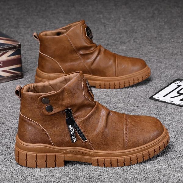 Herrenmode Britische Winterstiefel Seitlicher Reißverschluss Bequeme warme Lederschuhe Herren Winterstiefel Herren Wasserdichte Wohnungen Kurze Stiefel 43 braun