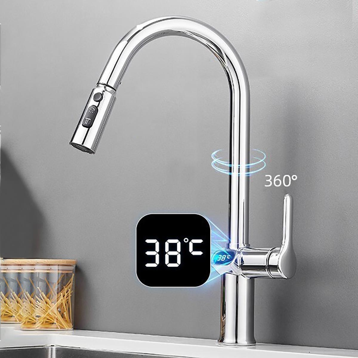 Küchenarmatur Temperatur Wasserhahn Küche Herausziehbare Küchenspüle Wasserhahn Digitalanzeigefunktion Drehbare Küchenarmaturen silber