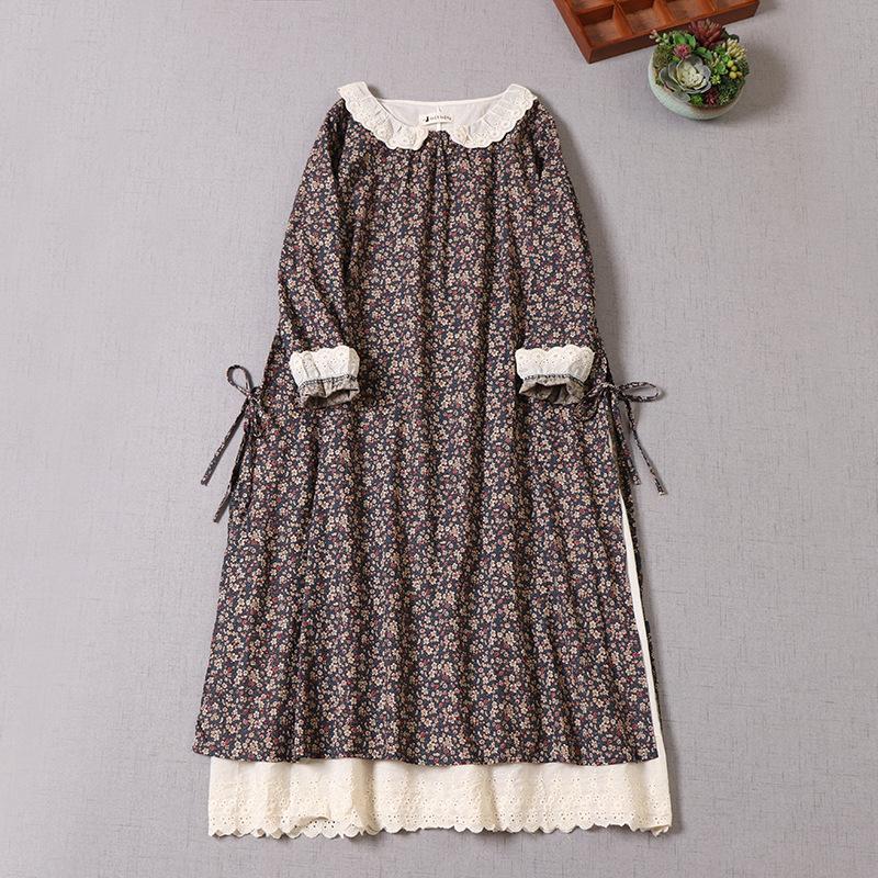 Japanisches Mori-Mädchen Frühling Herbst Damen Baumwoll-Leinen-Kleid Peter Pan Kragen Blumendruck Retro-Kleid Stickerei Aushöhlen Elegantes Vintage-Kleid One Size navy blau
