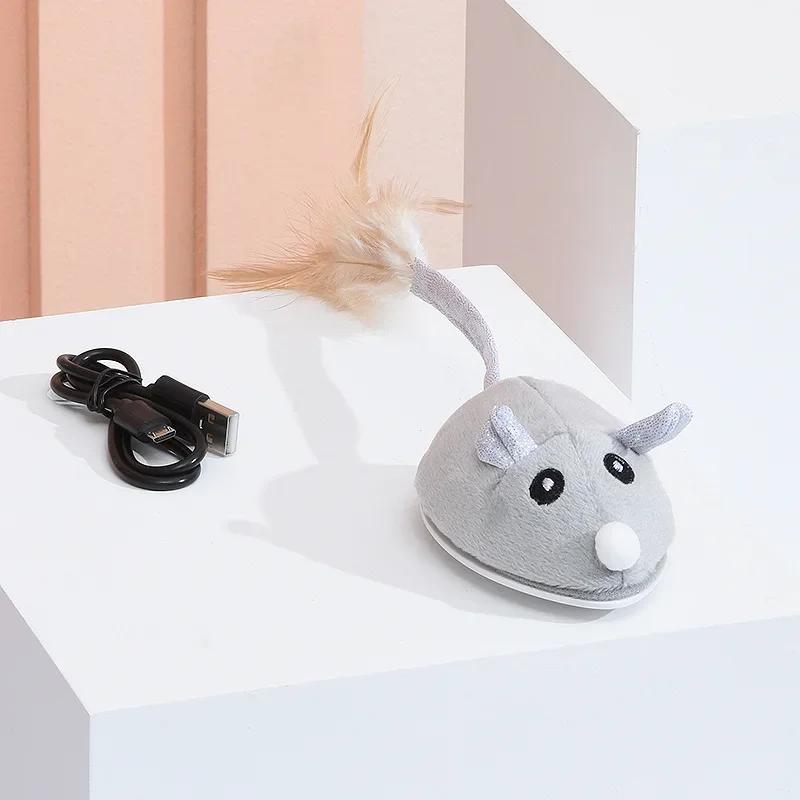 Interaktives Maussspielzeug für Katzen USB-Ratte mit Feder-Spielzeug Fang-Trainingsspielzeug für Indoor-Kätzchen Haustierbedarf Katzenbaum Spielzeug Dekoration graue
