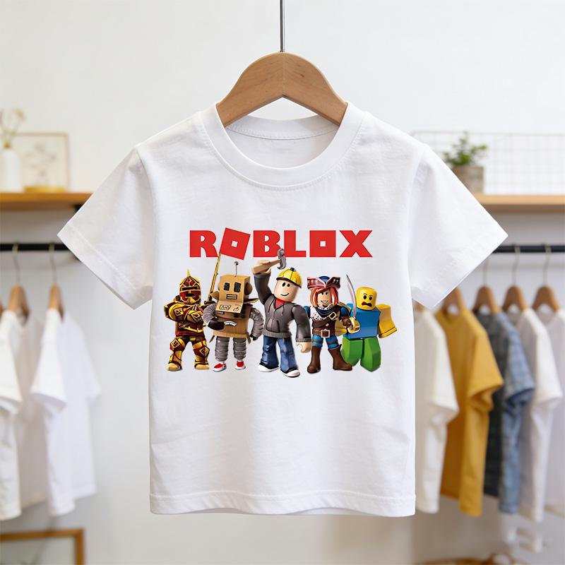 Roblox T-Shirt Sommer Mode Kurzärmeliges Oberteil T-Shirt Jungen und Mädchen Oberteile Sommer Spiel Streetwear Weiß Kinder T-Shirts 100 gray