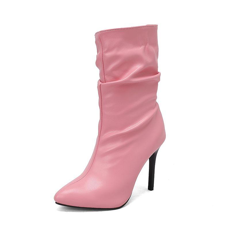 Sexy Damen Stiefeletten Spitzschuh Dünne Hohe Absätze 10cm Zum Hineinschlüpfen Plissiert 46 47 48 Mode Party Damen Stiefeletten 48 rosa
