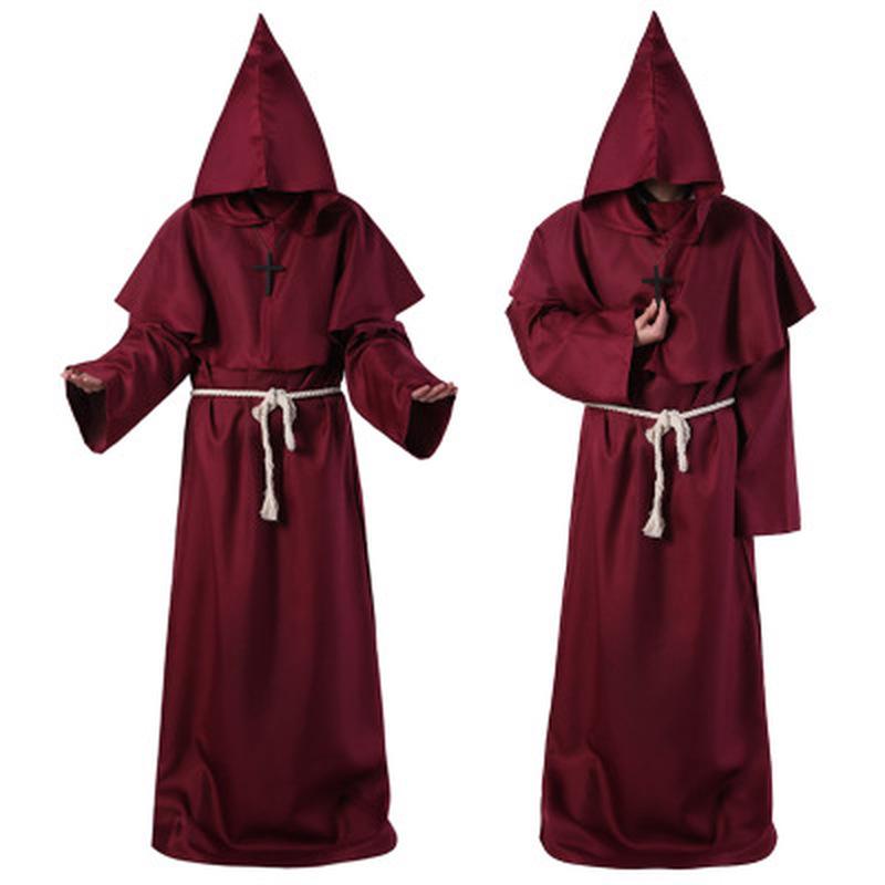 Zauberer Kostüm Cosplay Mittelalter Mönch Mönch Robe Priester Kostüm Antike Kleidung Christlicher Anzug L rot